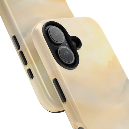 Minimalist pastel yellow phone case with abstract watercolor design and camera cutout