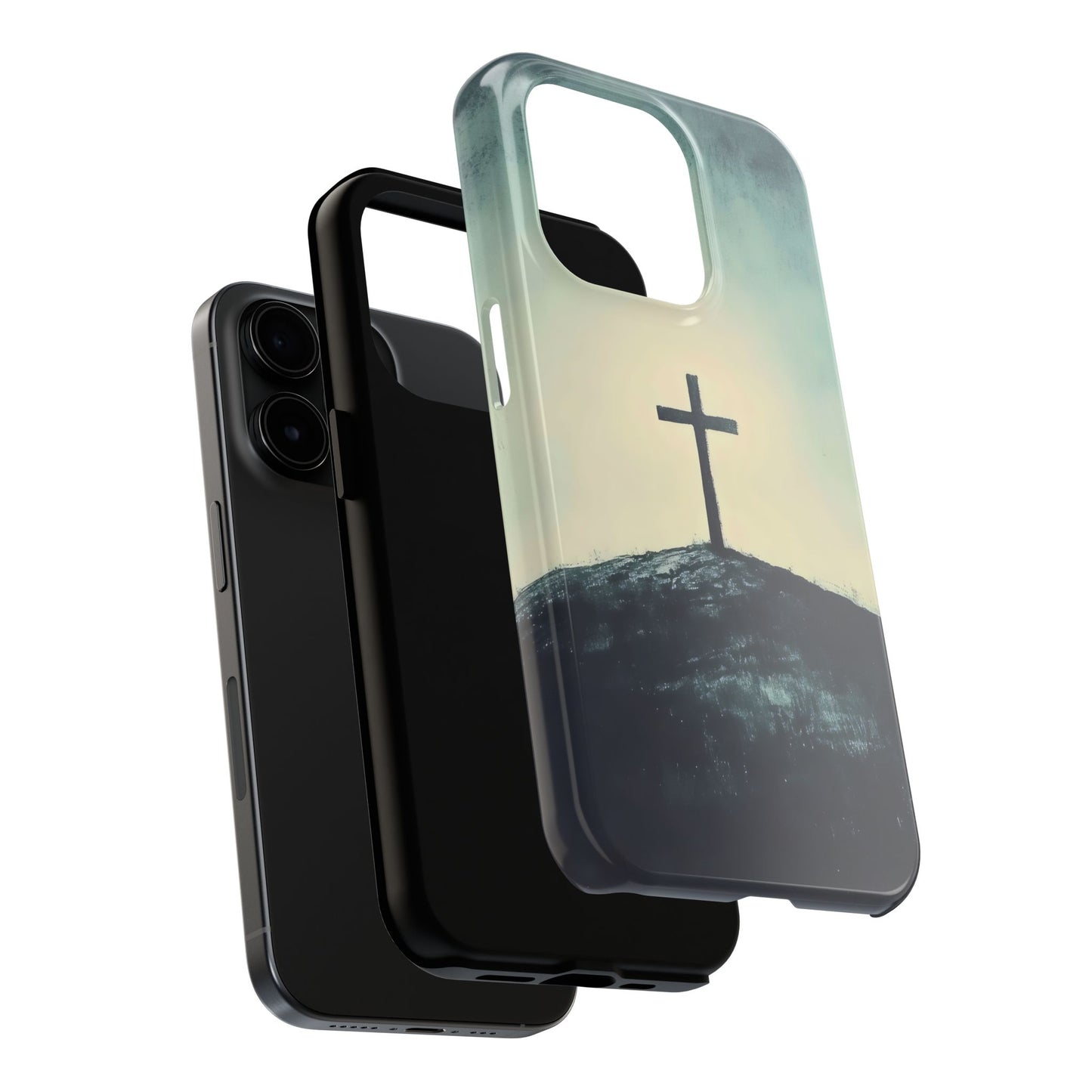 Christian phone case with cross illustration on a hill, faith-inspired design
