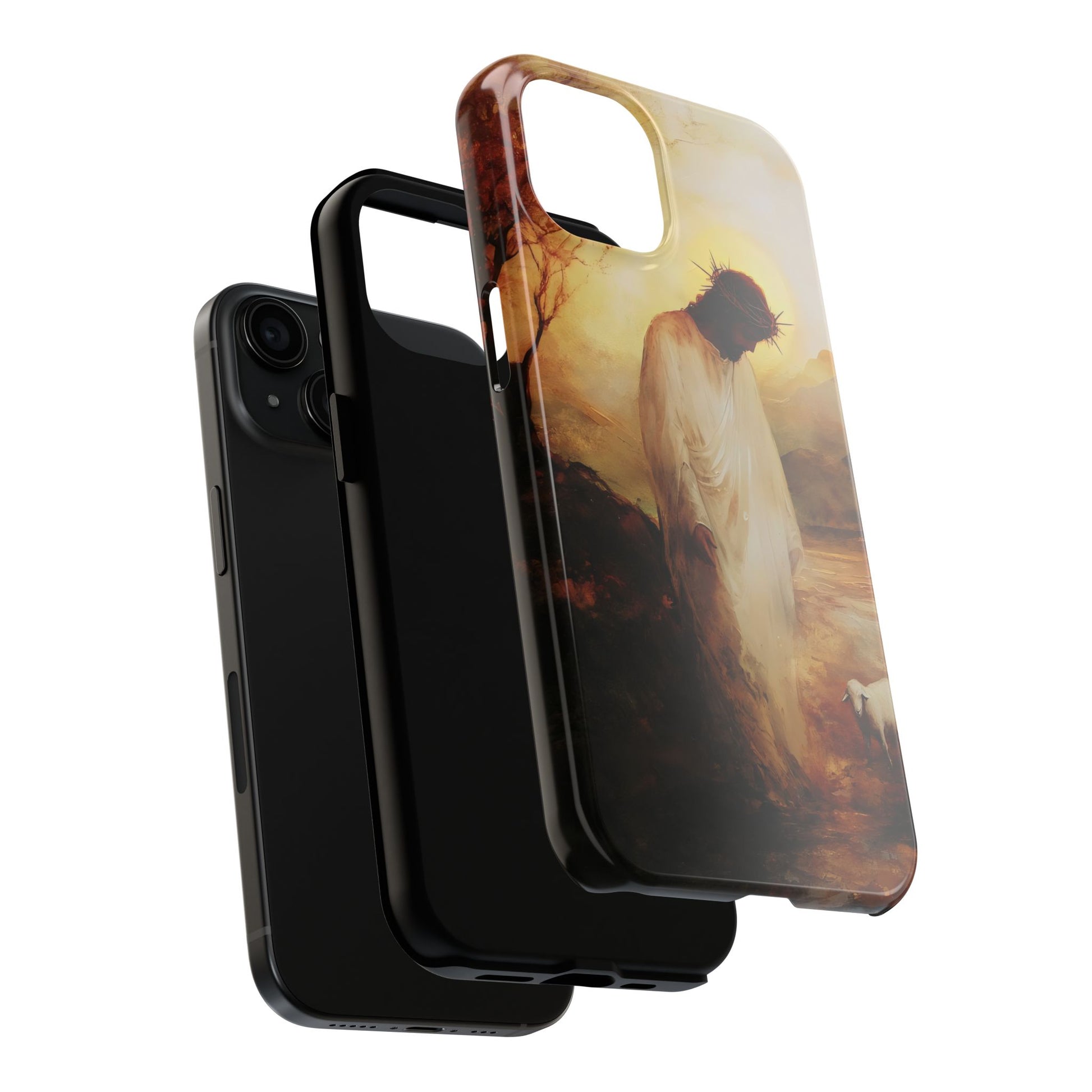 Christian phone case with Jesus in white robe, crown of thorns, and lamb in pastoral scene