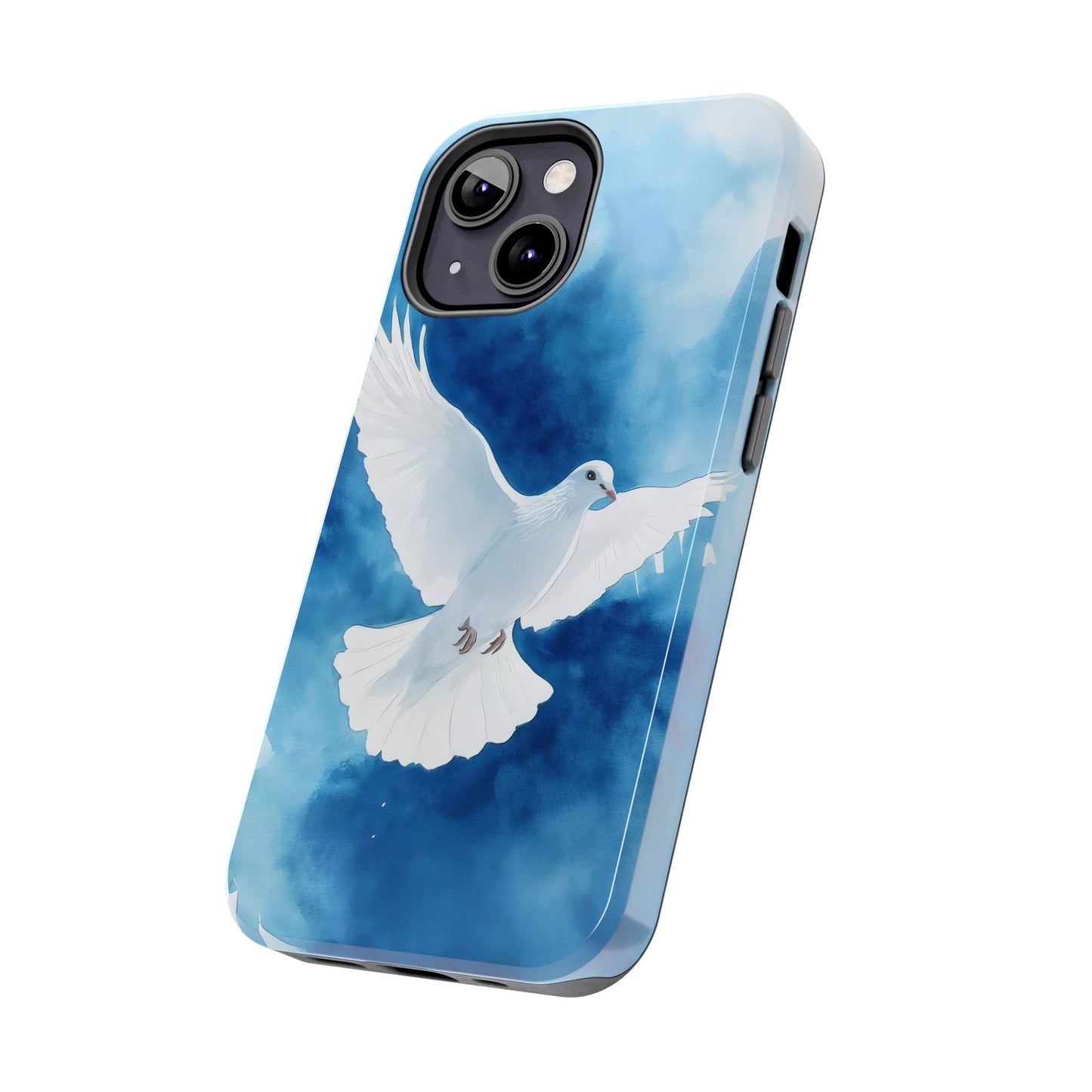 iPhone case with white dove illustration on blue watercolor background, Christian phone accessory