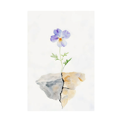 Purple flower growing through cracked stone, minimalist watercolor wall art, symbol of resilience