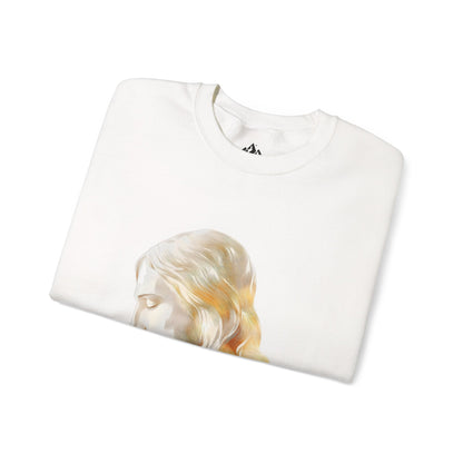 Folded white Christian sweatshirt with serene face and flowing hair graphic, minimalist design