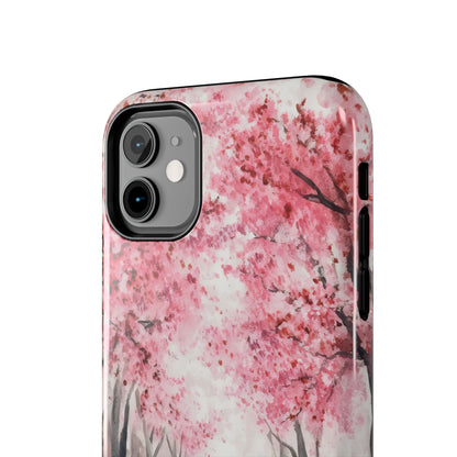 iPhone case with watercolor pink cherry blossom trees, nature-inspired protective cover