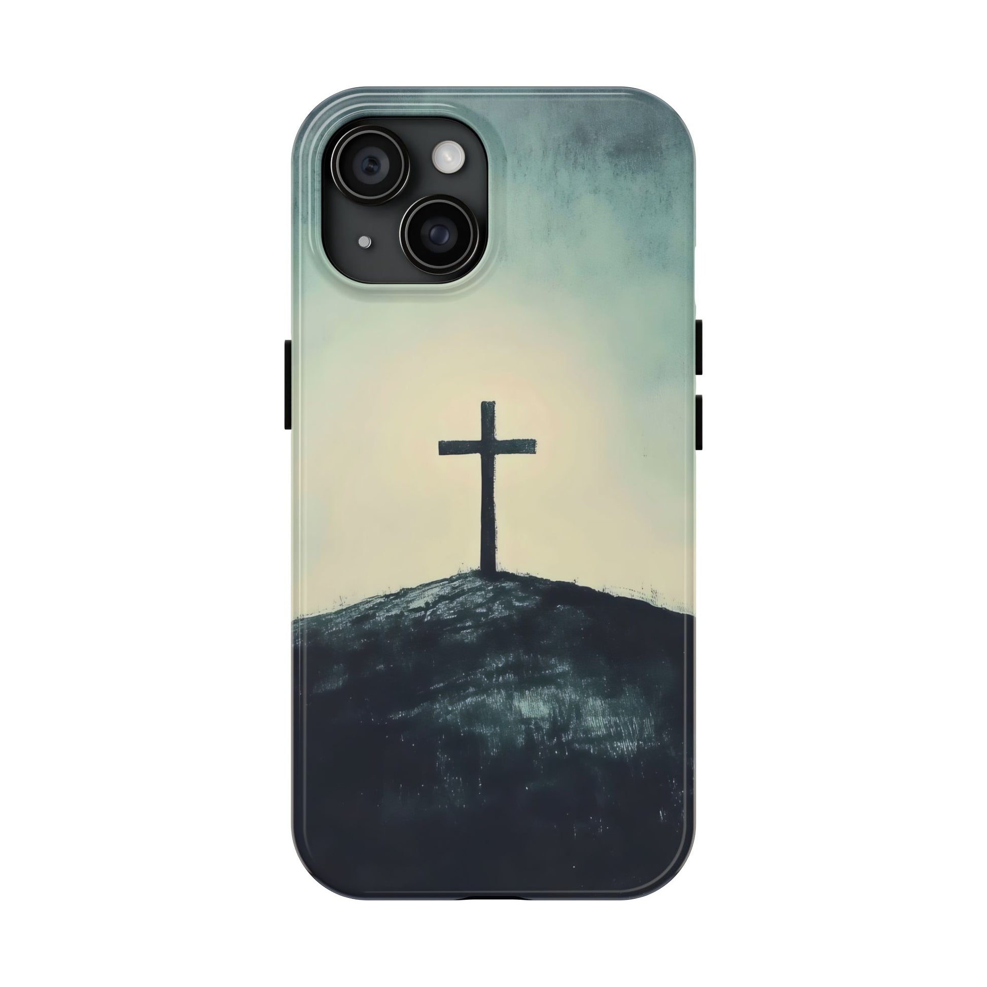 Christian phone case with cross on a hill, spiritual minimalist art design