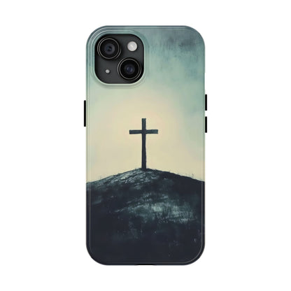 Christian phone case with cross on a hill, spiritual minimalist art design