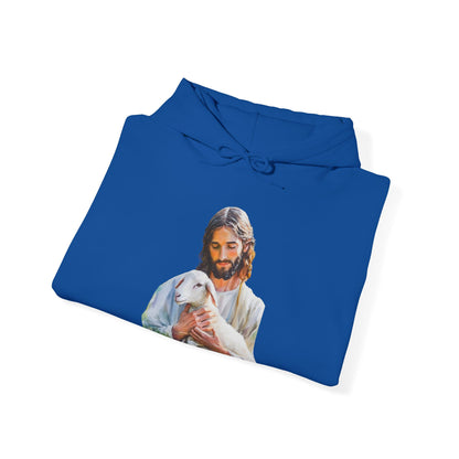 Blue Christian hoodie featuring artwork of Jesus holding a lamb, faith-inspired apparel