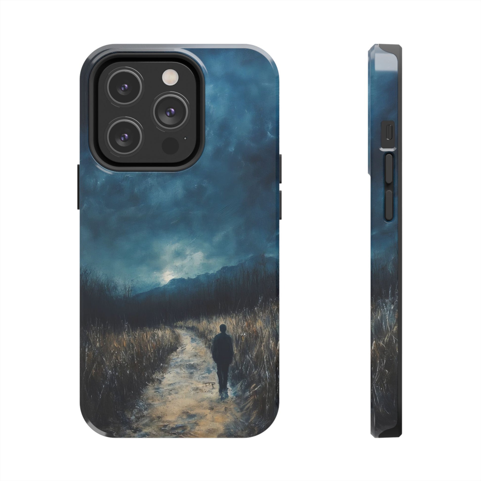 Phone case with silhouette walking on a path through a moody landscape, night sky art