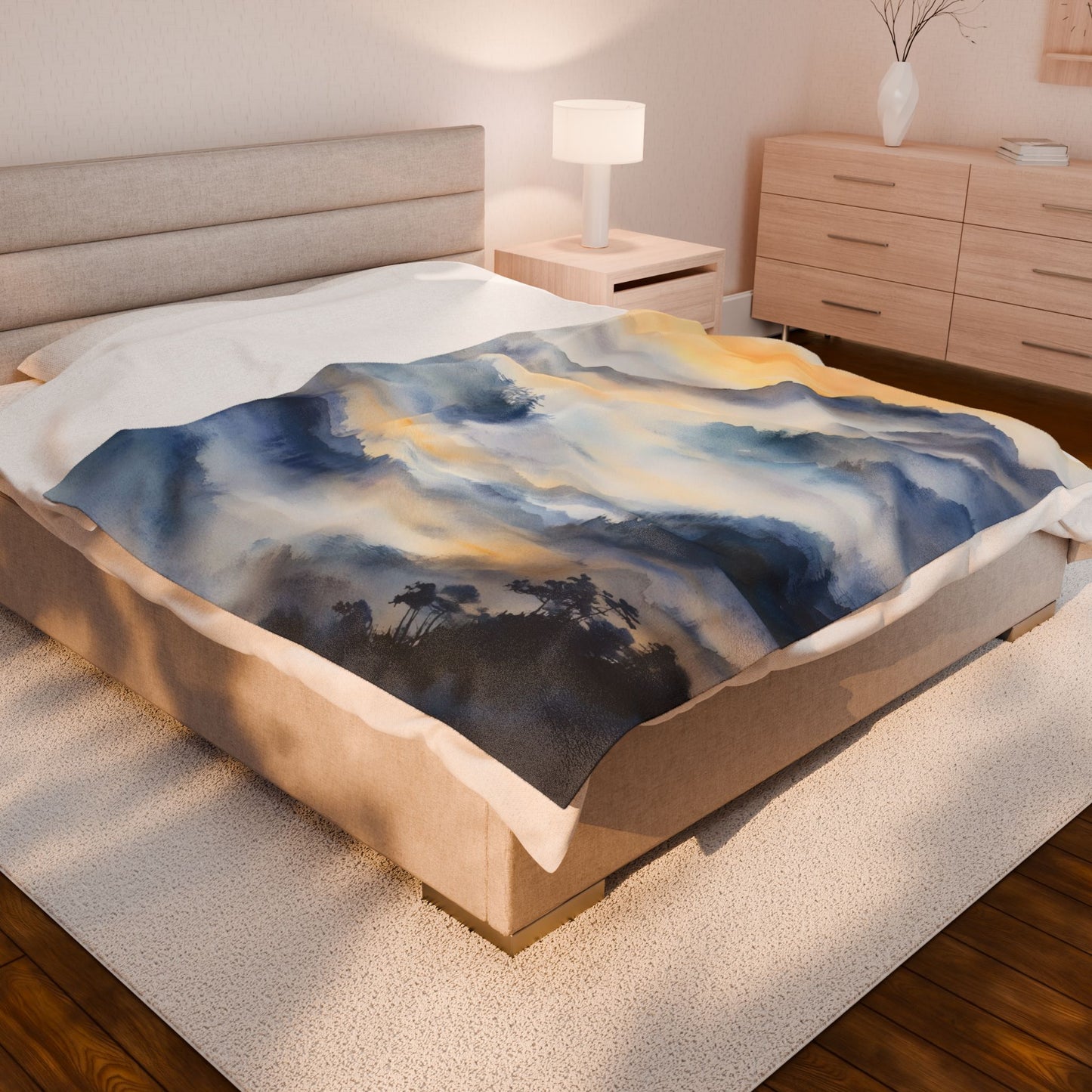 Misty Mountain Sunrise Velveteen Plush Blanket | Watercolor Landscape Throw