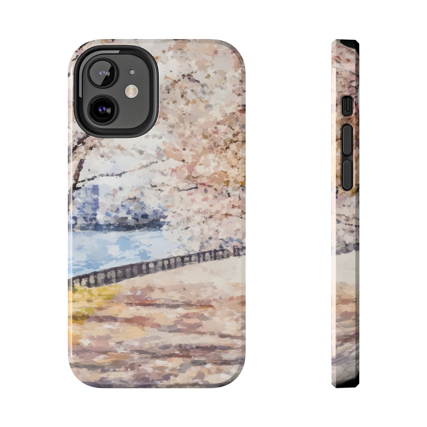 Watercolor-style phone case with cherry blossom trees by a river walk.
