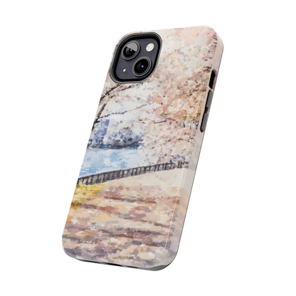 Phone case featuring watercolor-style cherry blossom tree and serene lakeside landscape