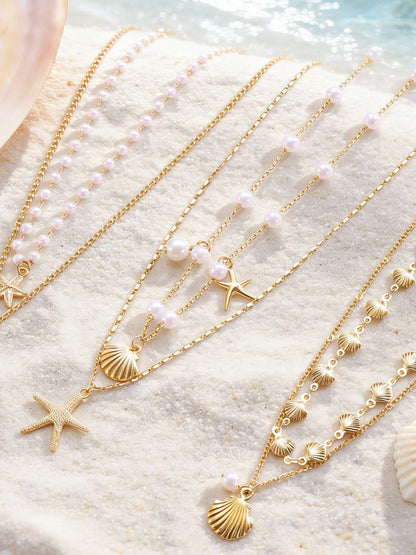 Layered Shell Pearl Starfish Pendant Bohemian Necklace – product view 4