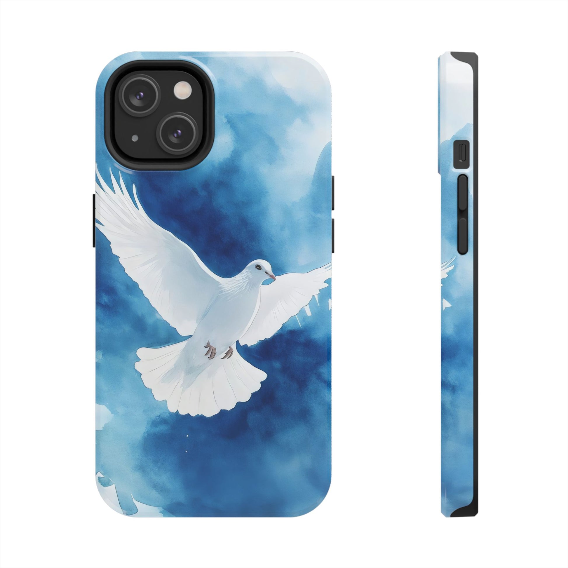 Christian phone case with white dove illustration on a blue watercolor background