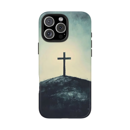 Christian phone case with black cross on hill, minimalist spiritual art background