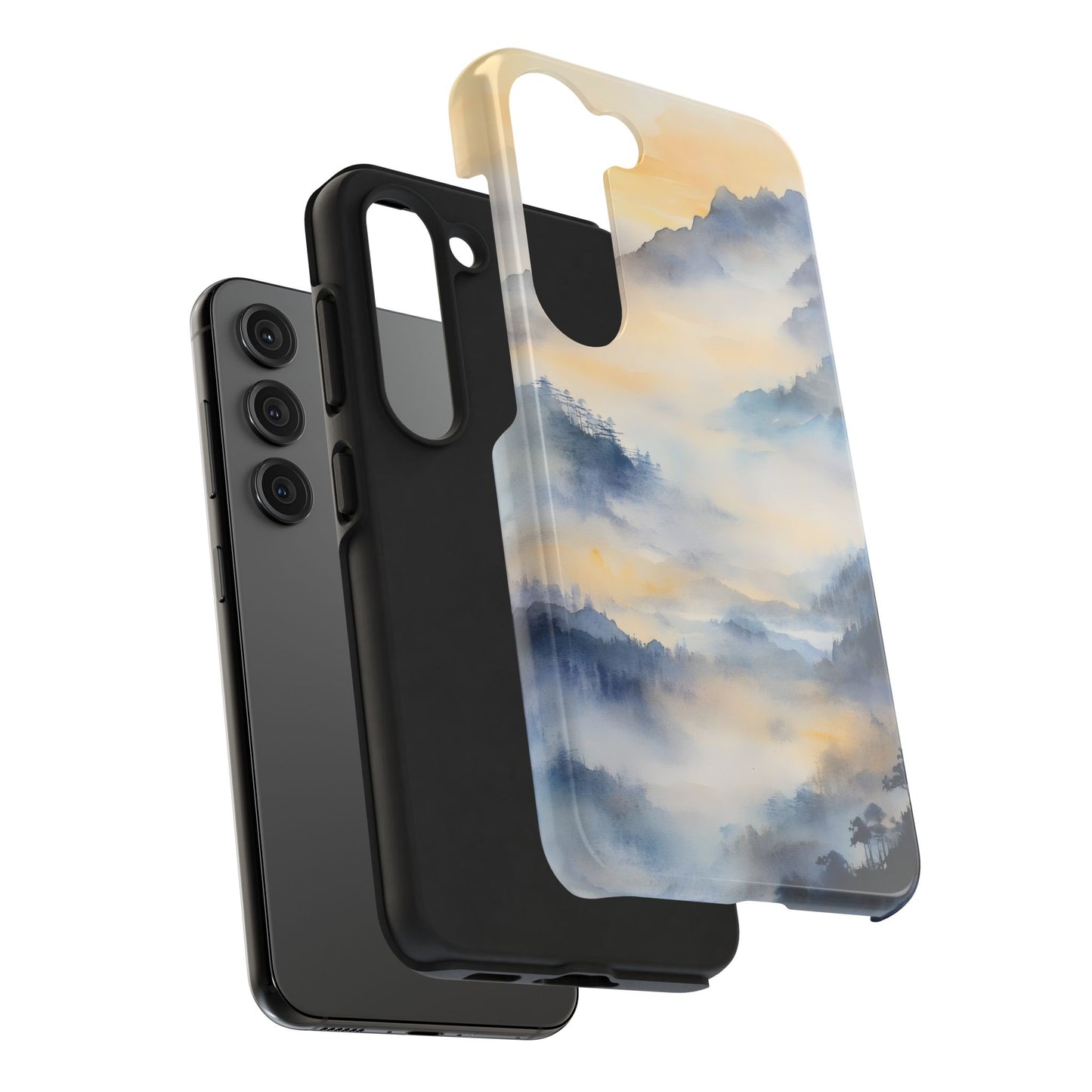 Samsung phone with detachable case featuring misty mountain sunrise watercolor art