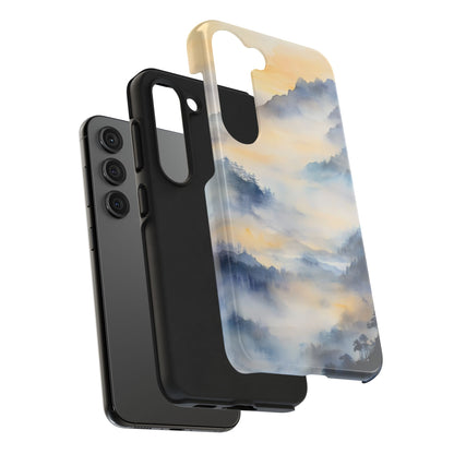 Samsung phone with detachable case featuring misty mountain sunrise watercolor art