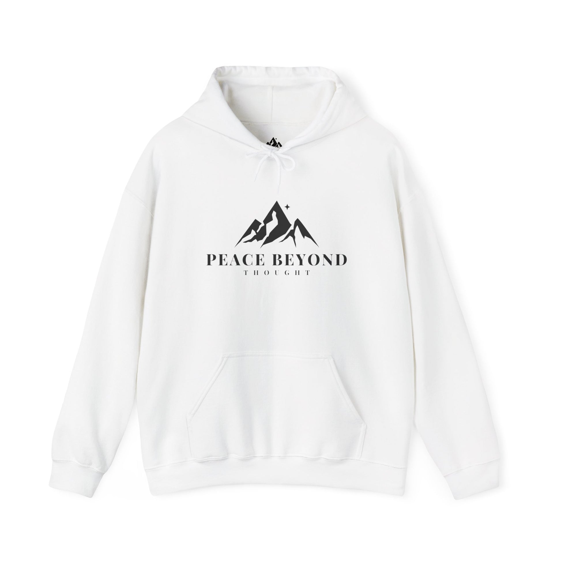 White hoodie with mountain graphic and 'Peace Beyond Thought' inspirational text