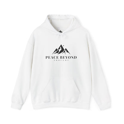 White hoodie with mountain graphic and 'Peace Beyond Thought' inspirational text