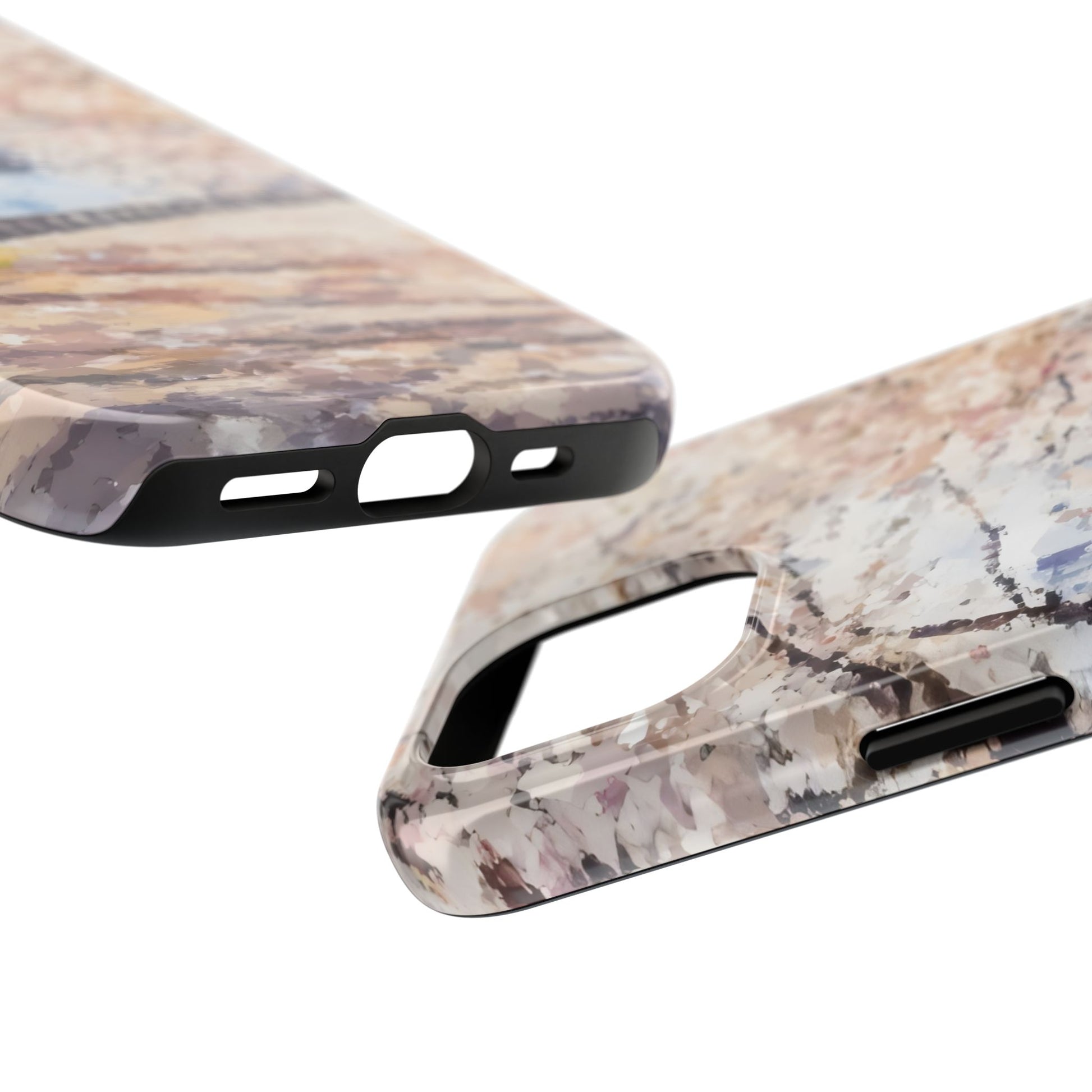 Close-up of abstract pastel Christian phone case with soft faith-inspired design and cutouts