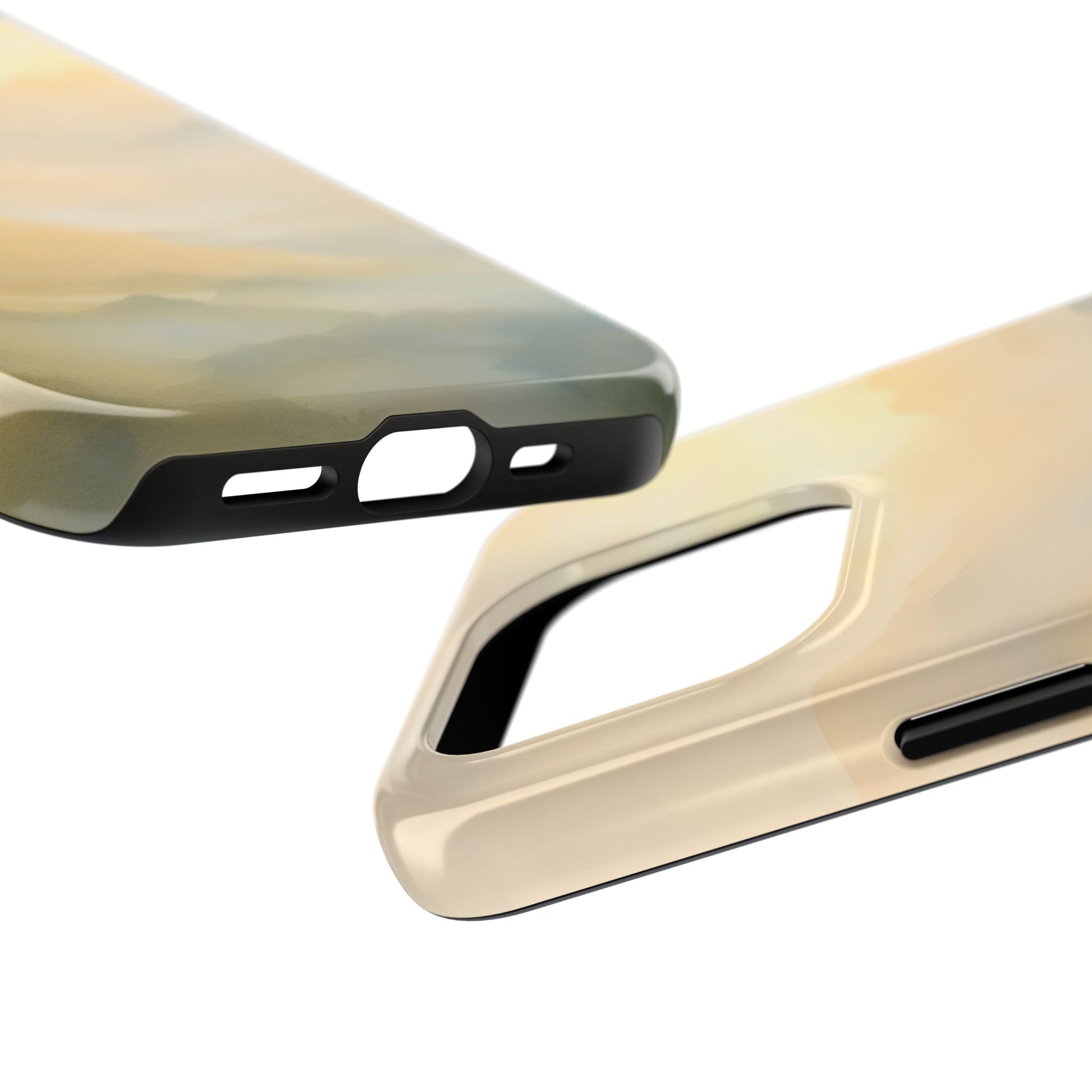 Minimalist phone cases with abstract pastel art and soft, neutral tones, close-up view