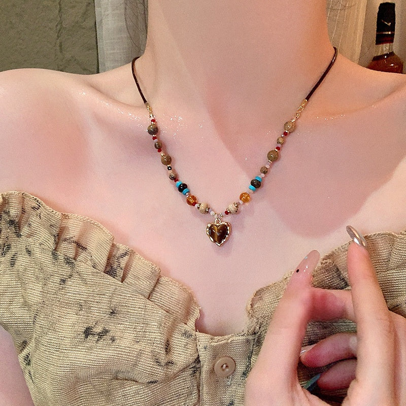 Vintage Tiger Eye Stone Beaded Necklace with Lobster Clasp – product view 3