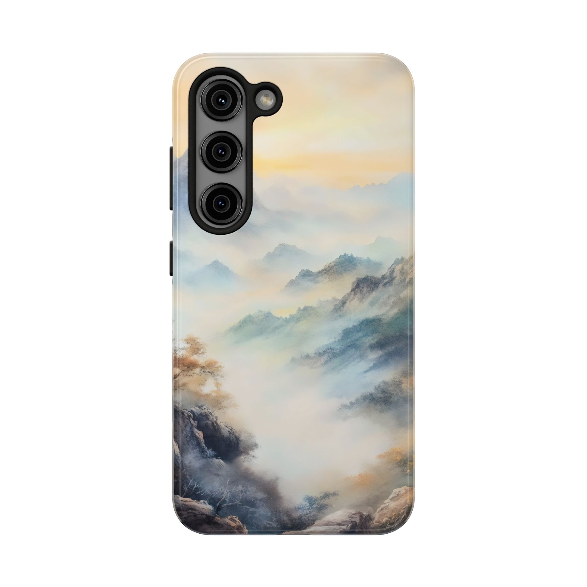 Phone case with serene misty mountain landscape watercolor design, peaceful nature art