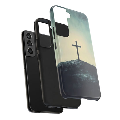 Christian phone case with cross design on hill, faith-inspired smartphone accessory