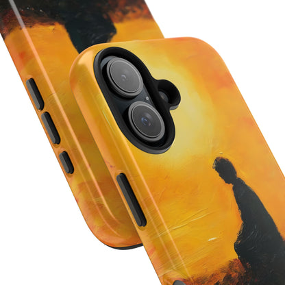 Yellow phone case with contemplative silhouette and abstract spiritual sunset design