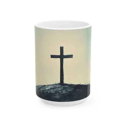 Christian mug with minimalist black cross on hill, spiritual home decor accent