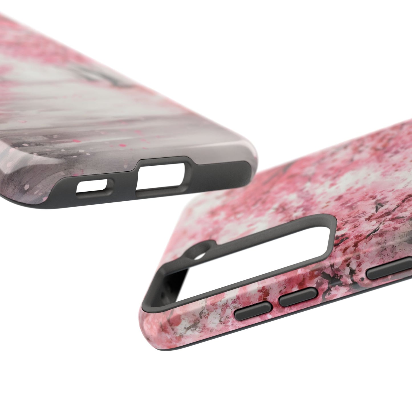 Pink floral abstract phone case with cherry blossom design, close-up of edges and cutouts