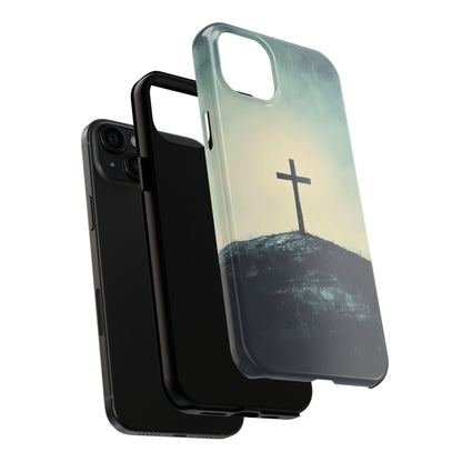 Christian phone case with cross on hill design, faith-inspired spiritual accessory