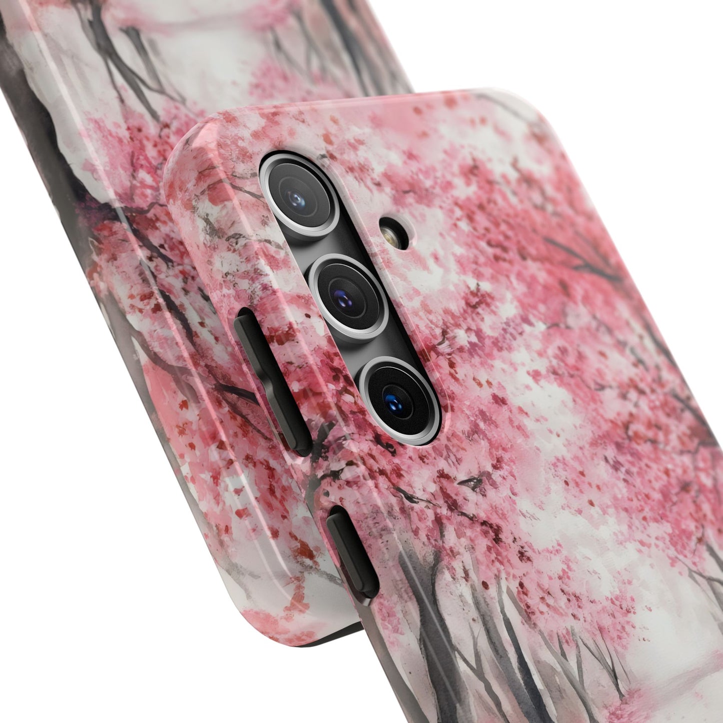Phone case with pink cherry blossom tree watercolor landscape design