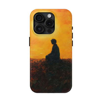 Phone case featuring a silhouette of a person meditating at sunset with an inspirational, spiritual design.