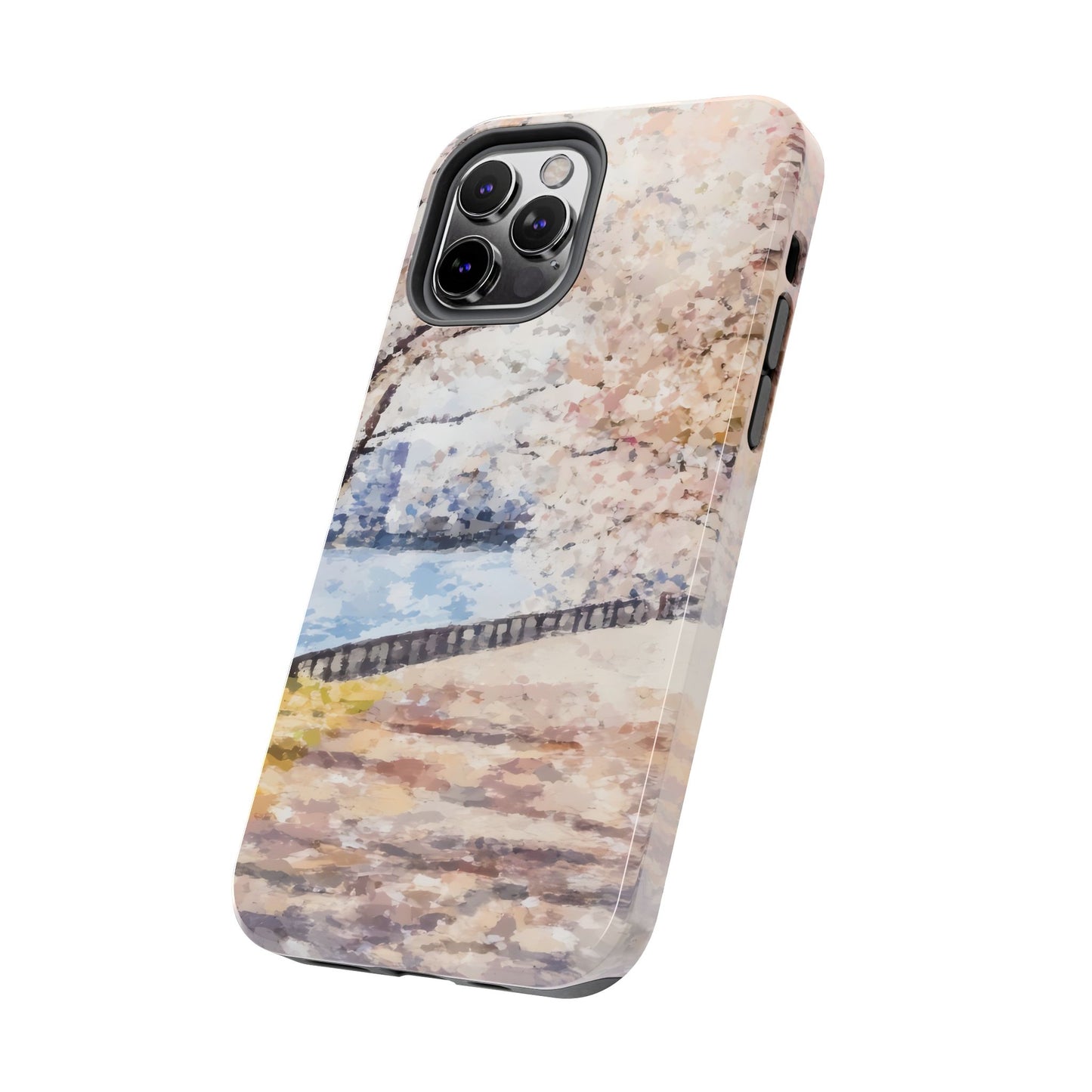 iPhone case with pastel watercolor cherry blossom and peaceful riverside landscape design