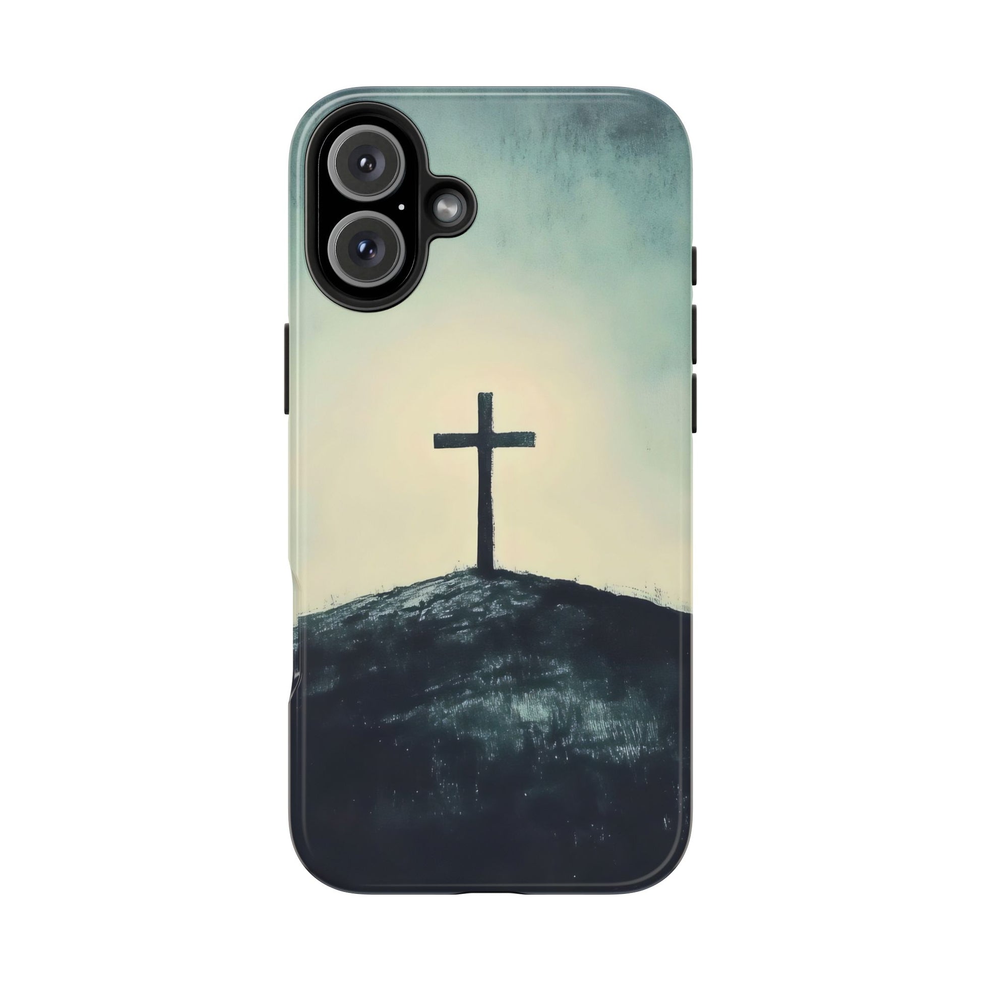 Christian cross on a hill phone case, faith-inspired minimalist design, spiritual art accessory