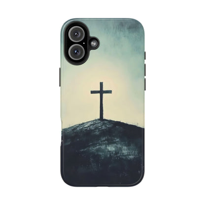 Christian cross on a hill phone case, faith-inspired minimalist design, spiritual art accessory
