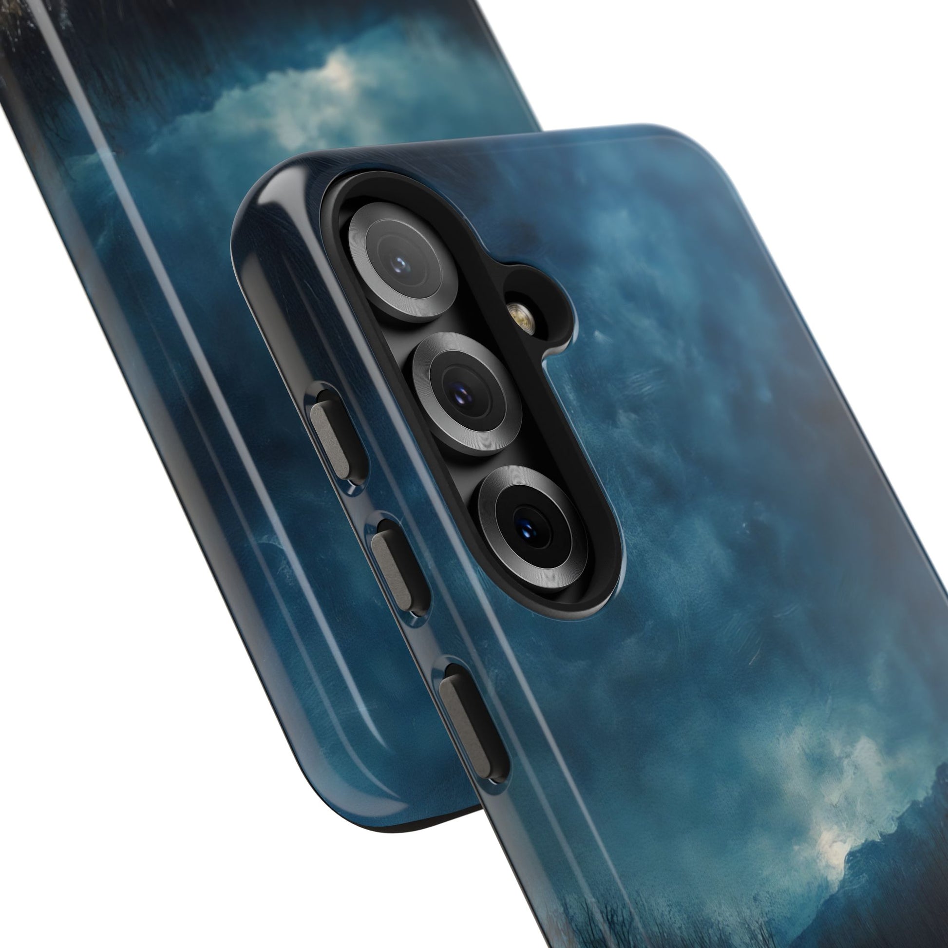 Blue cloud sky phone case with serene, misty landscape design for spiritual style