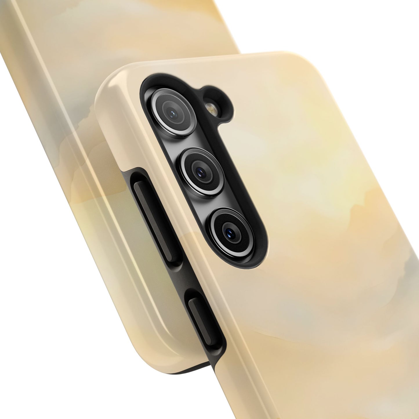 Minimalist beige phone case with soft, cloudy abstract pattern, shown on modern smartphone