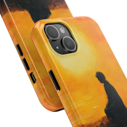 Phone case with spiritual silhouette art against a vibrant yellow sunset background