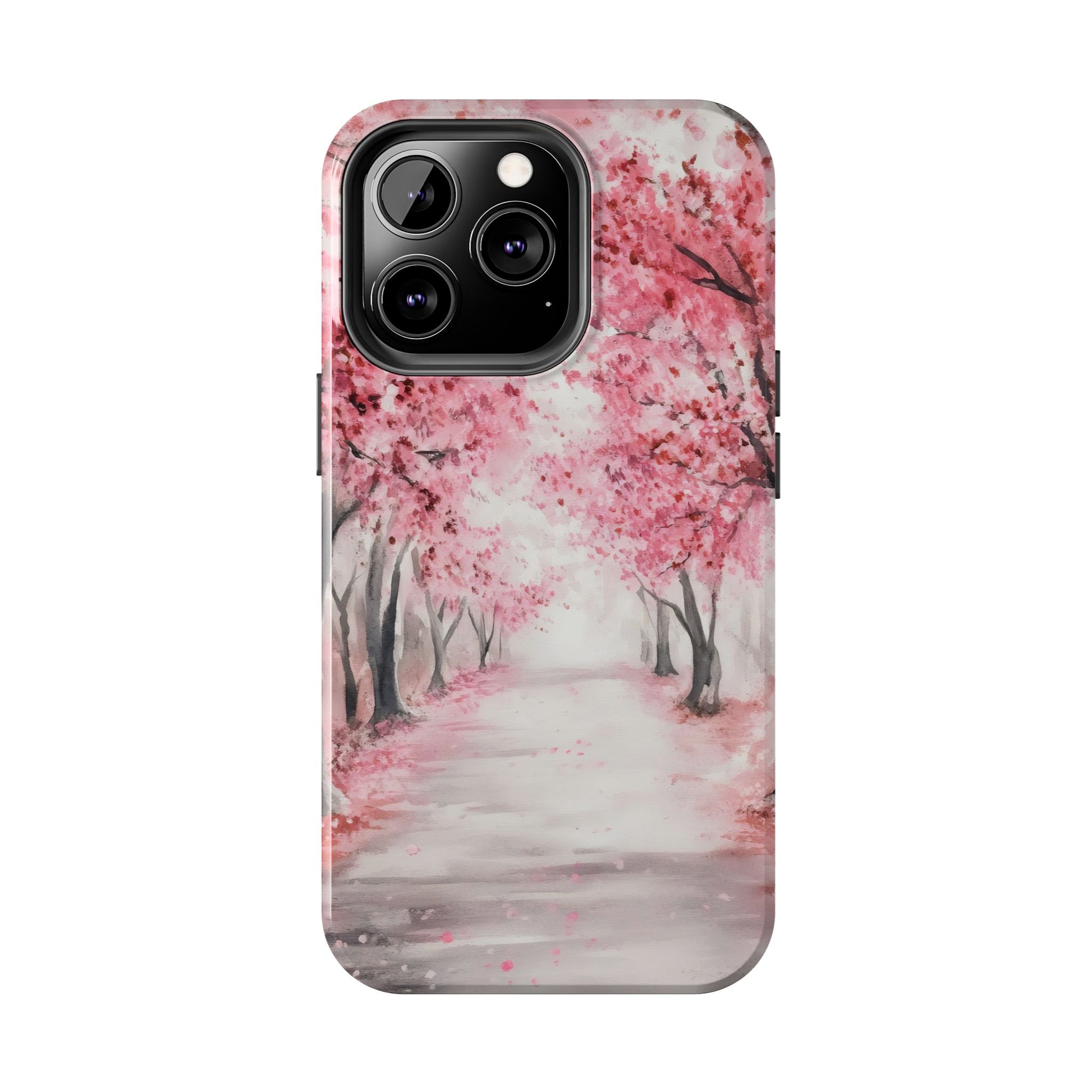 Phone case with pink cherry blossom trees and peaceful watercolor path design