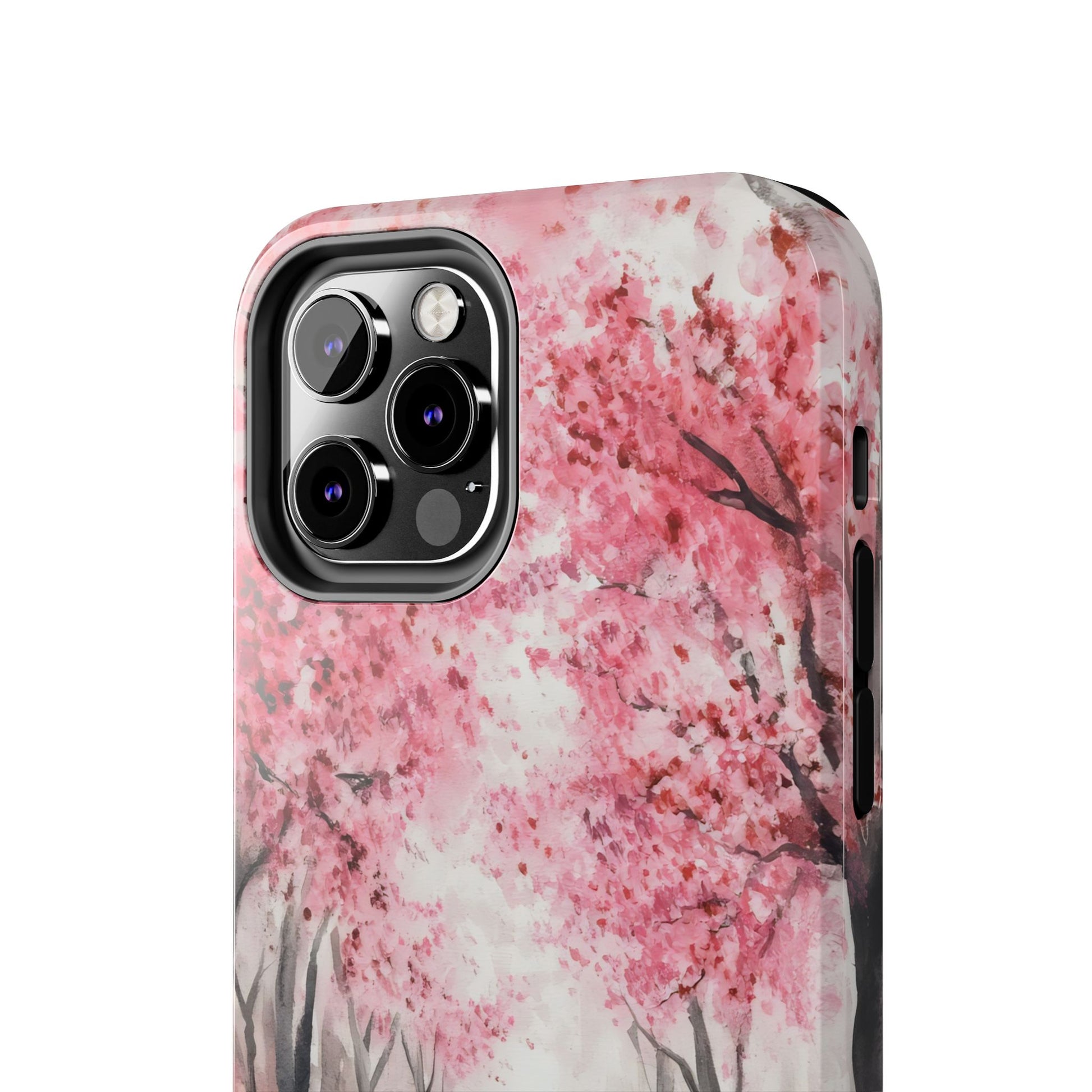 iPhone case with watercolor pink cherry blossom tree design, floral phone accessory