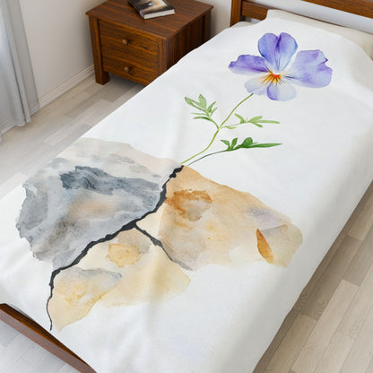 Watercolor purple flower growing from cracked stone on a white bedspread, peaceful bedroom decor