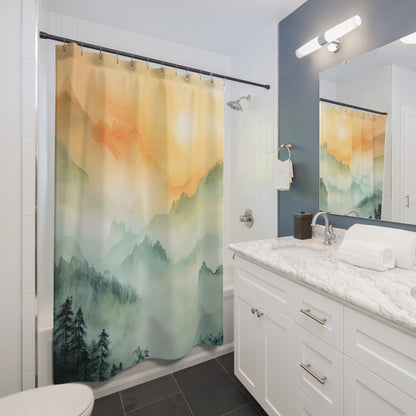 Bathroom with a mountain landscape shower curtain, white vanity, and marble countertop