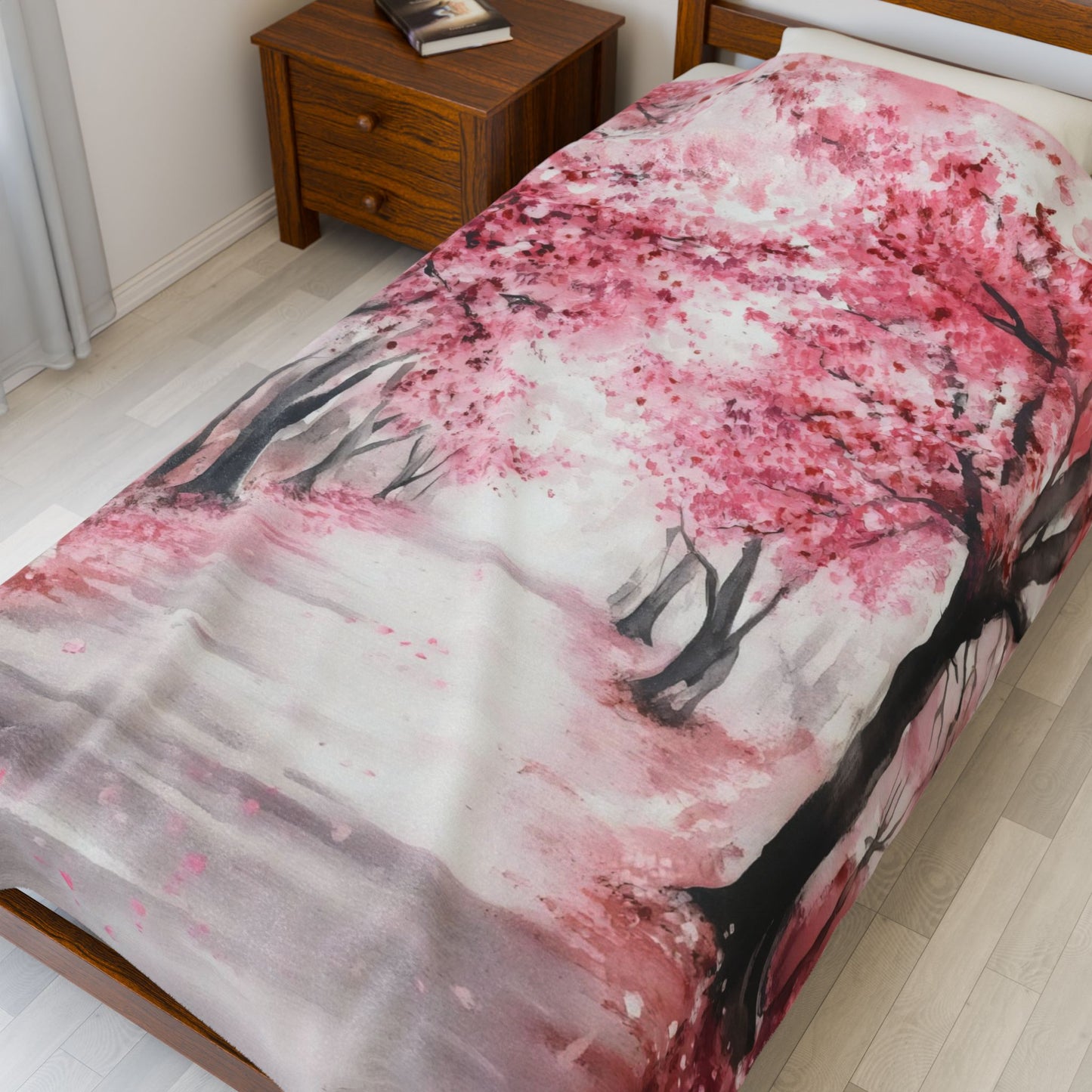 Cherry Blossom Path Velveteen Plush Blanket | Pink Tree Scenic Throw