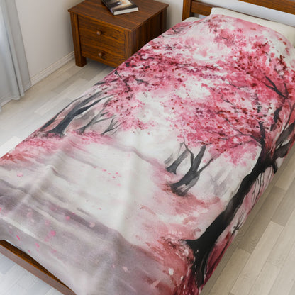 Cherry Blossom Path Velveteen Plush Blanket — alternate product mockup