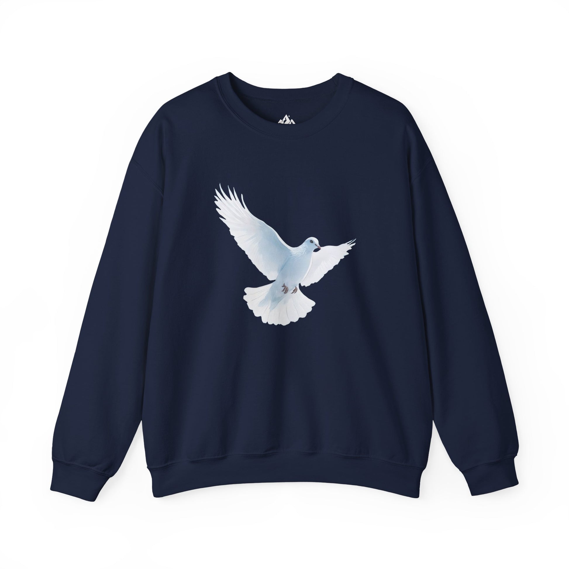 Navy blue Christian sweatshirt with white dove graphic, faith-inspired apparel