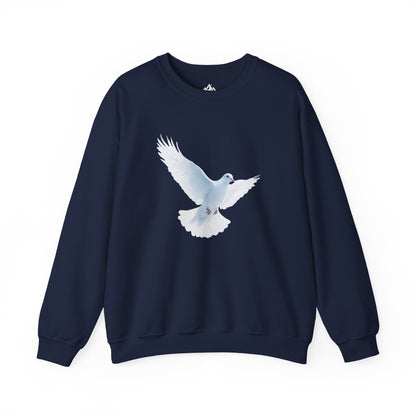 Navy blue Christian sweatshirt with white dove graphic, faith-inspired apparel
