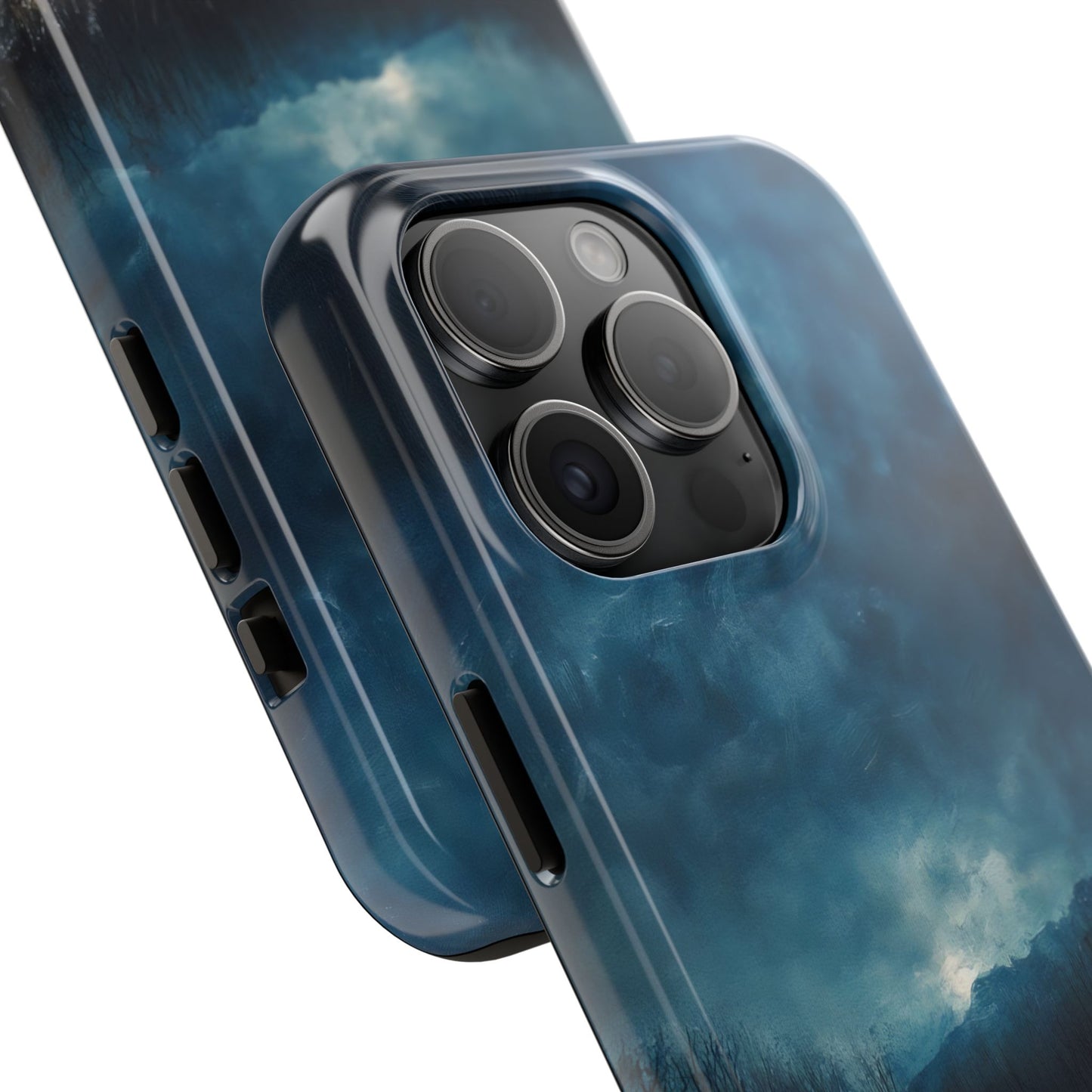 Closeup of phone case with blue cloudy sky spiritual art design, covering modern smartphone