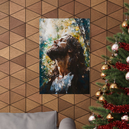 Christian wall art of a man looking upward, hung above a sofa next to a decorated Christmas tree