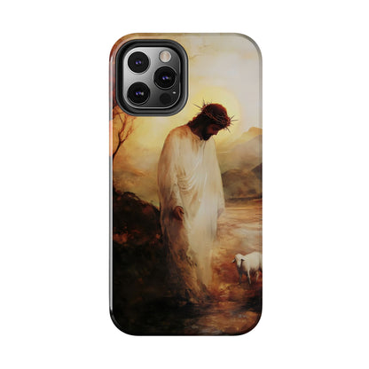 Christian phone case featuring Jesus with crown of thorns and a lamb in a serene landscape