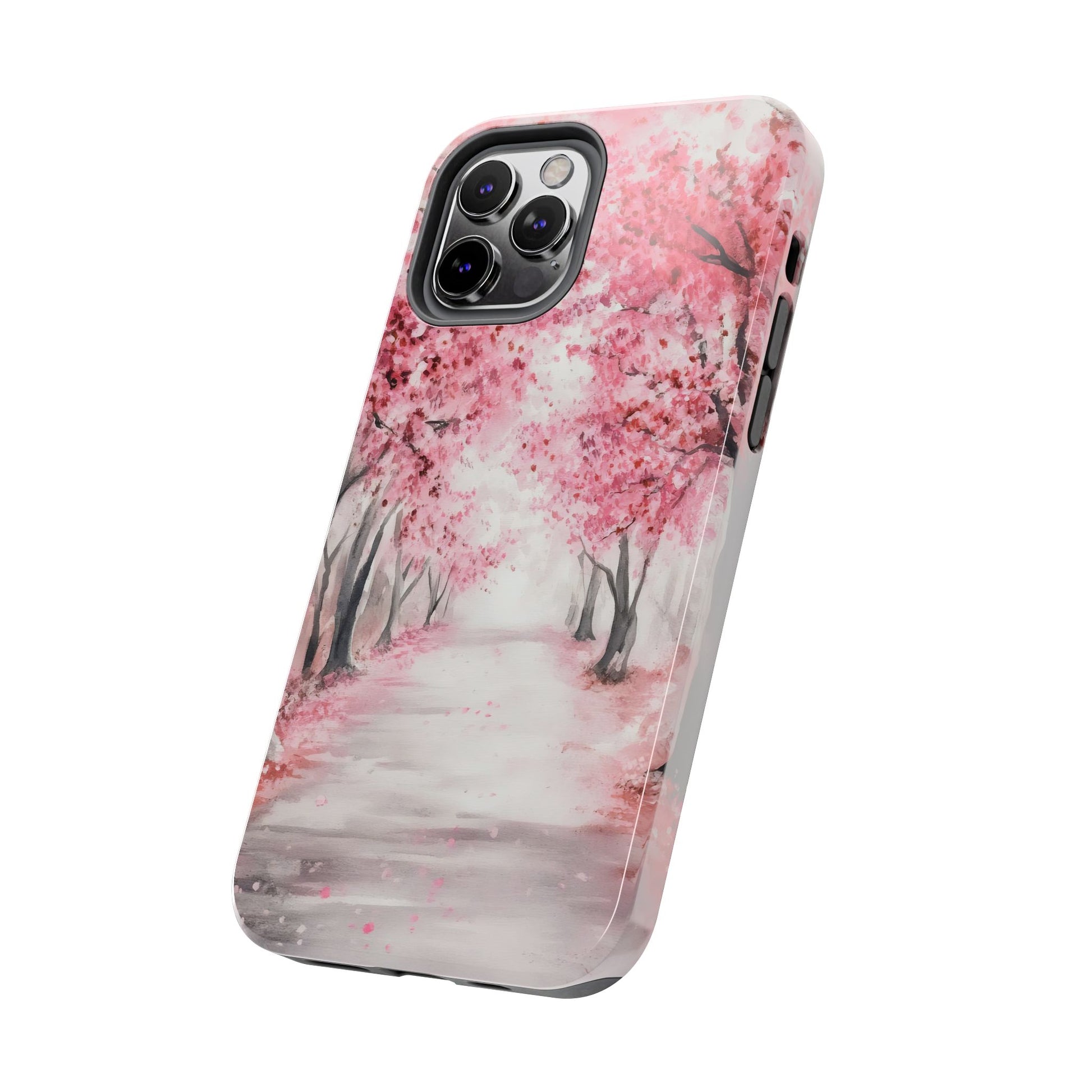 iPhone case with pink cherry blossom tree path design, nature-inspired phone cover